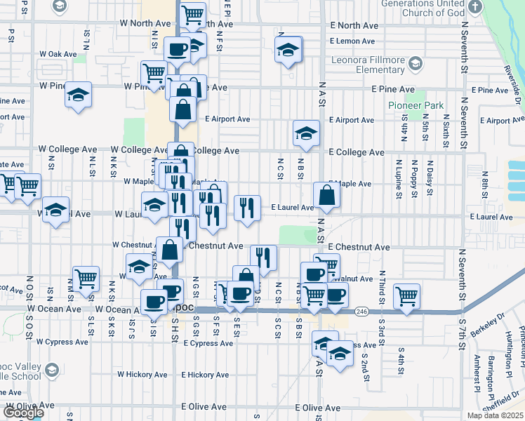 map of restaurants, bars, coffee shops, grocery stores, and more near 2 East Laurel Avenue in Lompoc