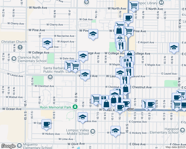 map of restaurants, bars, coffee shops, grocery stores, and more near 400 North M Street in Lompoc