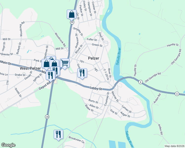 map of restaurants, bars, coffee shops, grocery stores, and more near 10 Goodrich Street in Pelzer