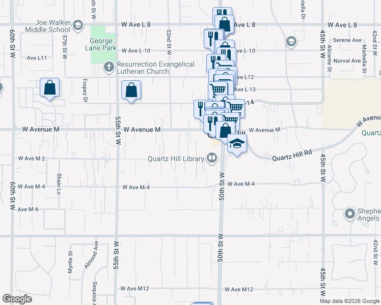 map of restaurants, bars, coffee shops, grocery stores, and more near 5111 West Avenue M 2 in Lancaster