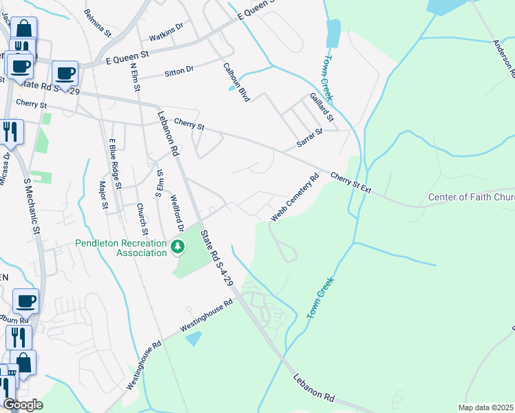 map of restaurants, bars, coffee shops, grocery stores, and more near 207 Plantation Drive in Pendleton