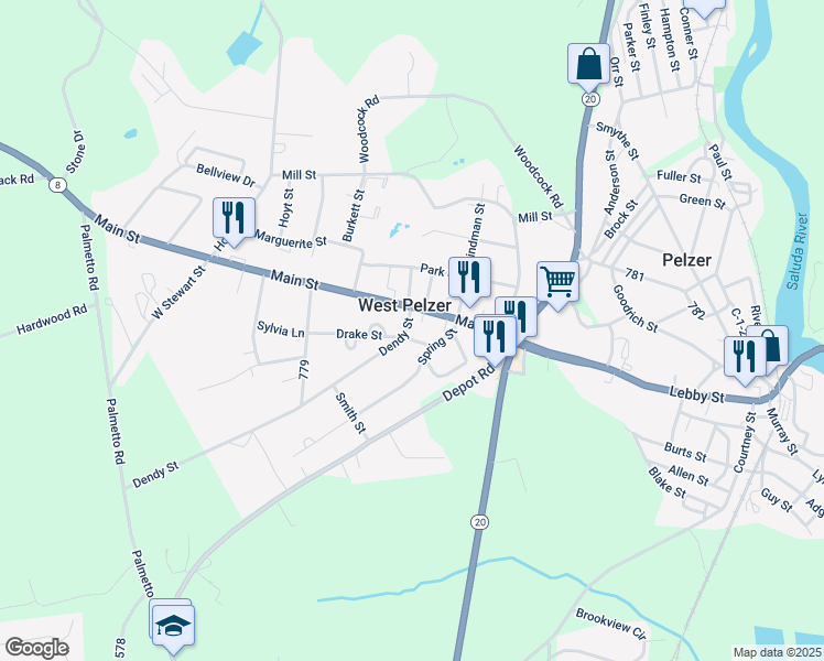 map of restaurants, bars, coffee shops, grocery stores, and more near 1 Dendy Street in Pelzer
