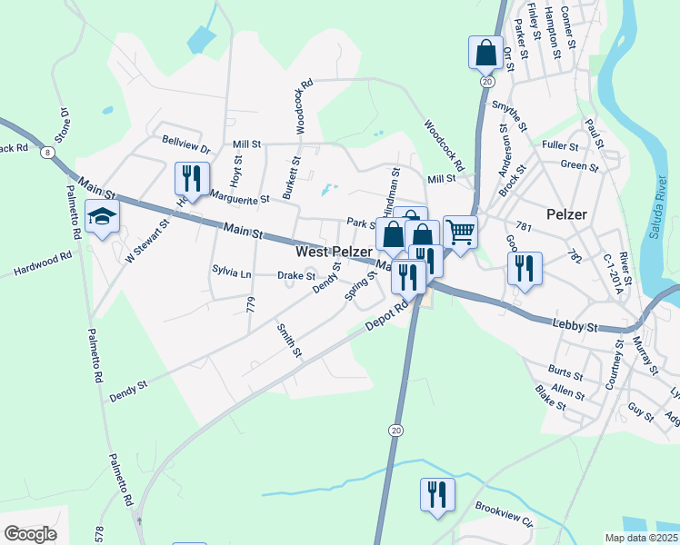 map of restaurants, bars, coffee shops, grocery stores, and more near 1 Dendy Street in Pelzer
