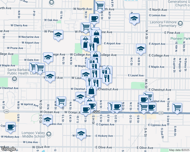 map of restaurants, bars, coffee shops, grocery stores, and more near 400 North H Street in Lompoc