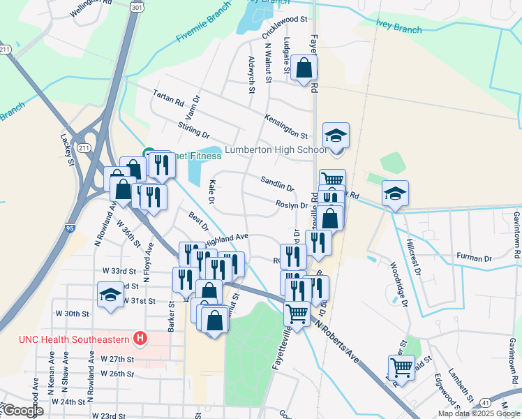 map of restaurants, bars, coffee shops, grocery stores, and more near 375 Arlington Drive in Lumberton