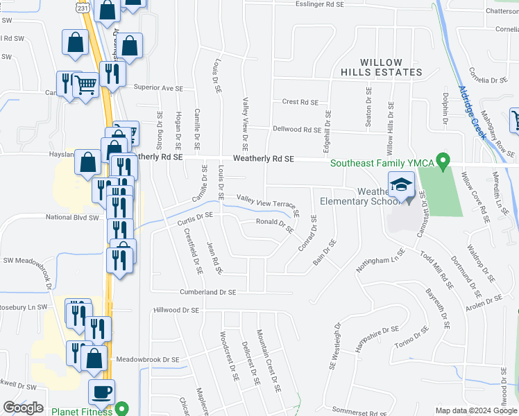 map of restaurants, bars, coffee shops, grocery stores, and more near 514 Valley View Terrace Southeast in Huntsville