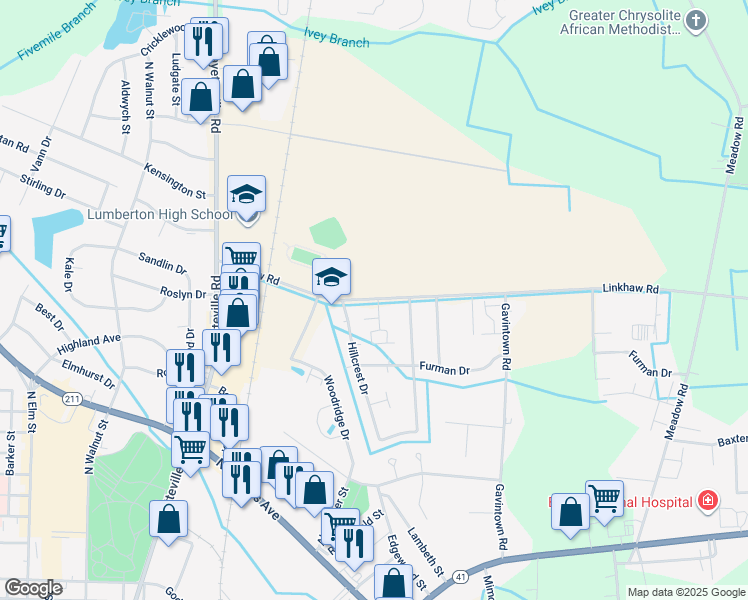 map of restaurants, bars, coffee shops, grocery stores, and more near 1050 Linkhaw Road in Lumberton