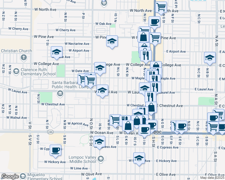 map of restaurants, bars, coffee shops, grocery stores, and more near 400 North M Street in Lompoc
