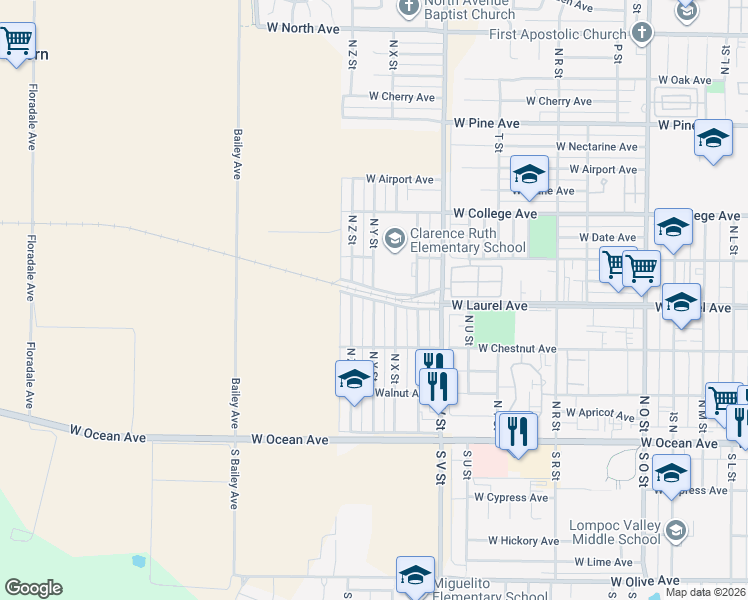 map of restaurants, bars, coffee shops, grocery stores, and more near 398 North Y Street in Lompoc