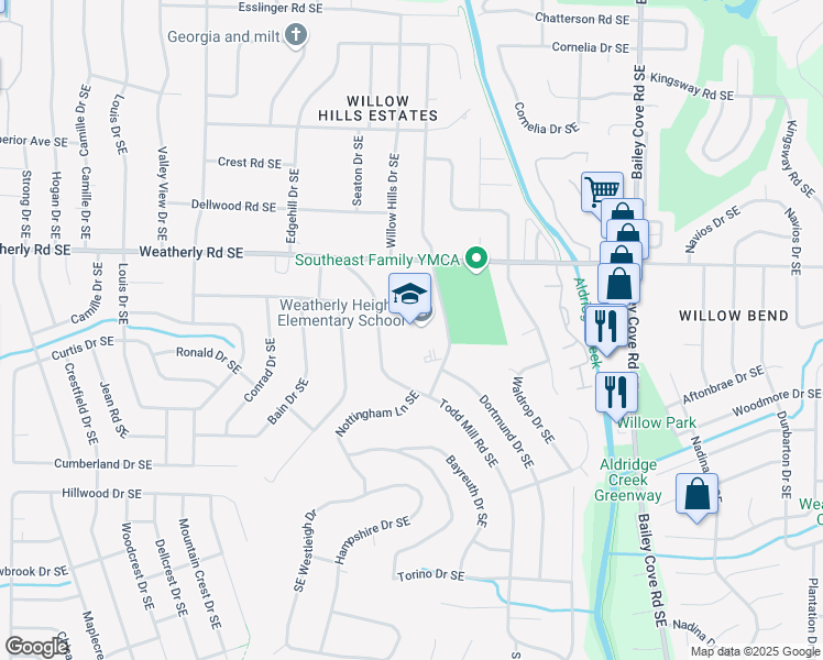 map of restaurants, bars, coffee shops, grocery stores, and more near 1307 Cannstatt Drive Southeast in Huntsville