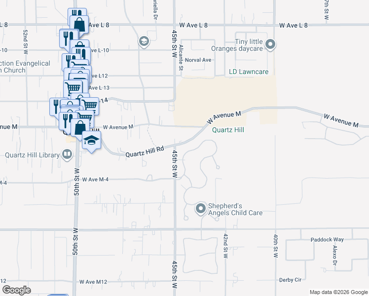 map of restaurants, bars, coffee shops, grocery stores, and more near 41867 Montallegro Street in Lancaster