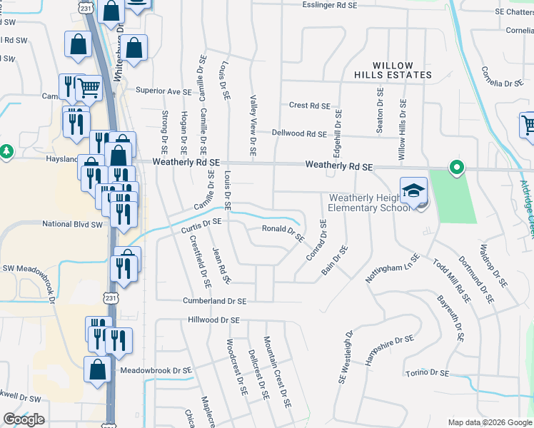 map of restaurants, bars, coffee shops, grocery stores, and more near 514 Valley View Terrace Southeast in Huntsville
