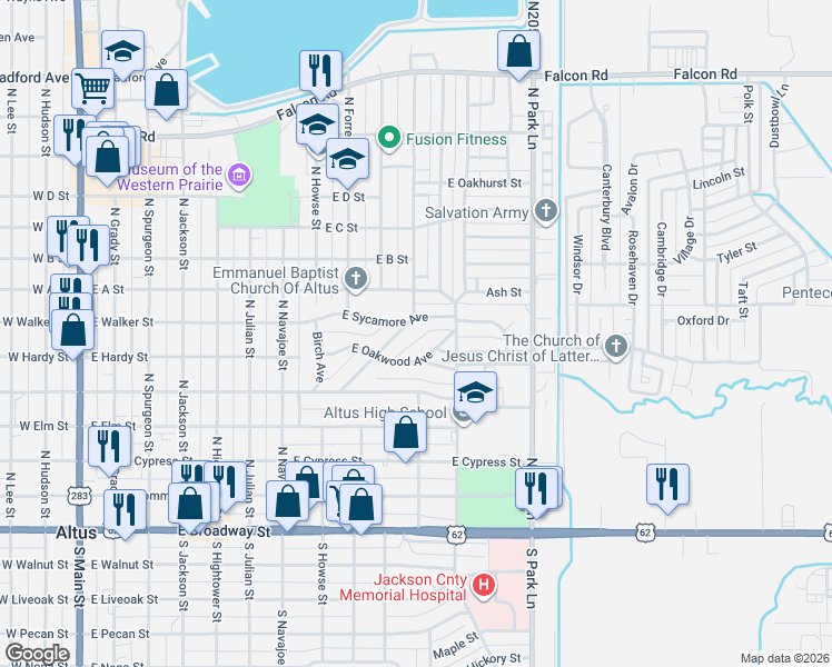 map of restaurants, bars, coffee shops, grocery stores, and more near 624 Navajoe Road in Altus