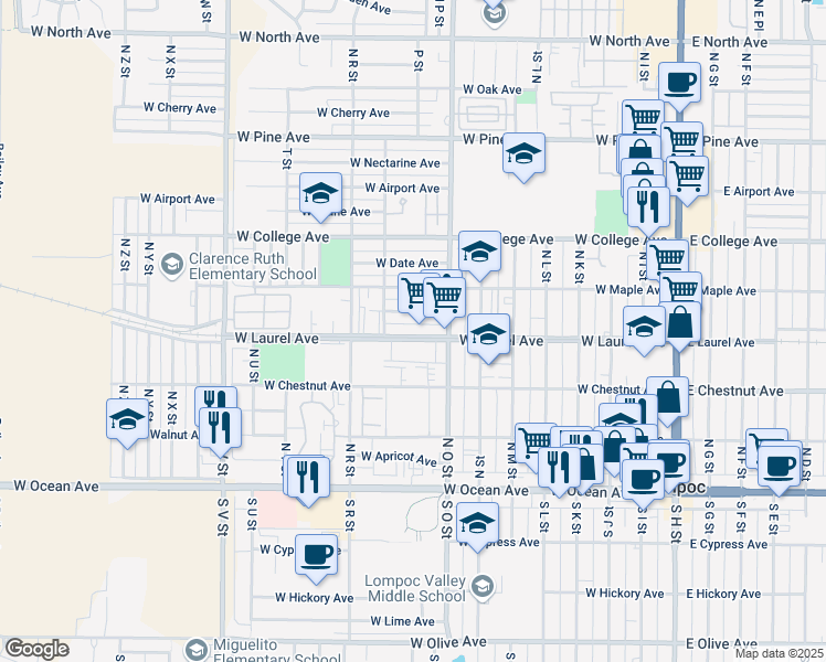 map of restaurants, bars, coffee shops, grocery stores, and more near 901 West Laurel Avenue in Lompoc