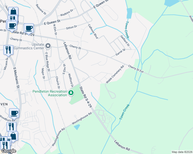 map of restaurants, bars, coffee shops, grocery stores, and more near 207 Plantation Drive in Pendleton
