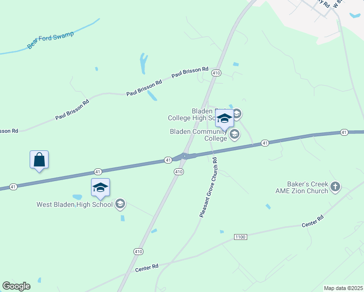 map of restaurants, bars, coffee shops, grocery stores, and more near 1164 North Carolina 410 in Bladenboro
