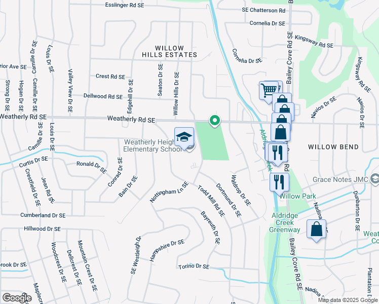 map of restaurants, bars, coffee shops, grocery stores, and more near 1307 Cannstatt Drive Southeast in Huntsville