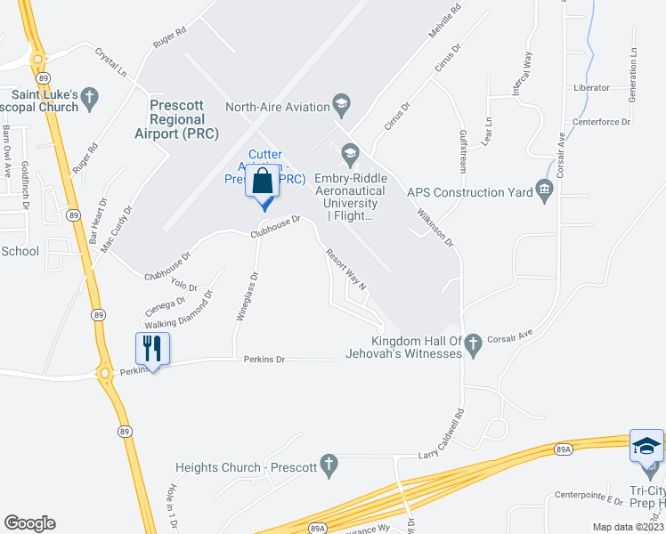map of restaurants, bars, coffee shops, grocery stores, and more near 2160 Clubhouse Drive in Prescott