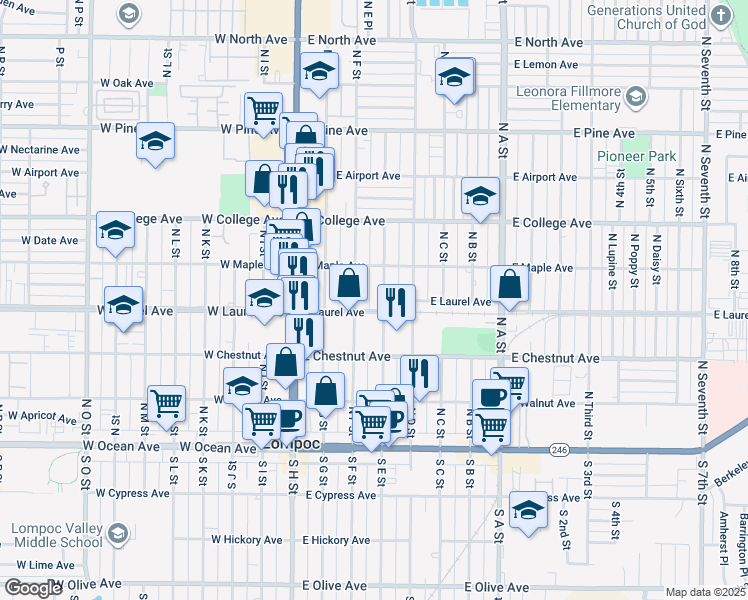 map of restaurants, bars, coffee shops, grocery stores, and more near 401 East Laurel Avenue in Lompoc