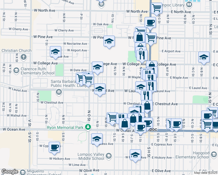 map of restaurants, bars, coffee shops, grocery stores, and more near 400 North M Street in Lompoc