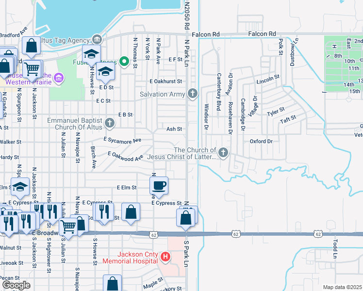 map of restaurants, bars, coffee shops, grocery stores, and more near 702 North Park Lane in Altus