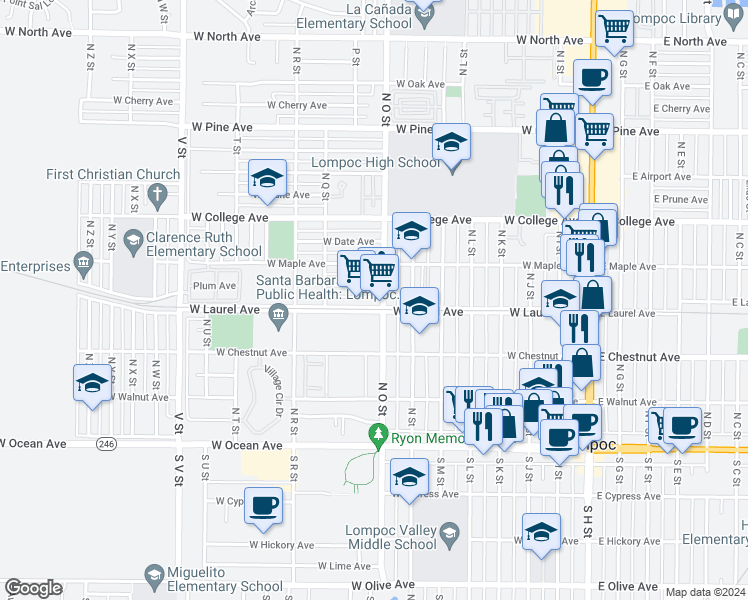 map of restaurants, bars, coffee shops, grocery stores, and more near 805 West Laurel Avenue in Lompoc