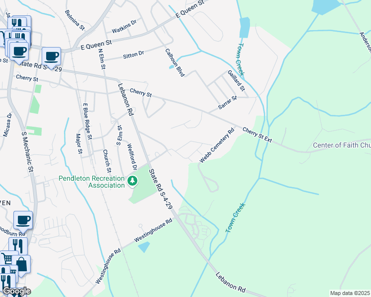 map of restaurants, bars, coffee shops, grocery stores, and more near 207 Plantation Drive in Pendleton