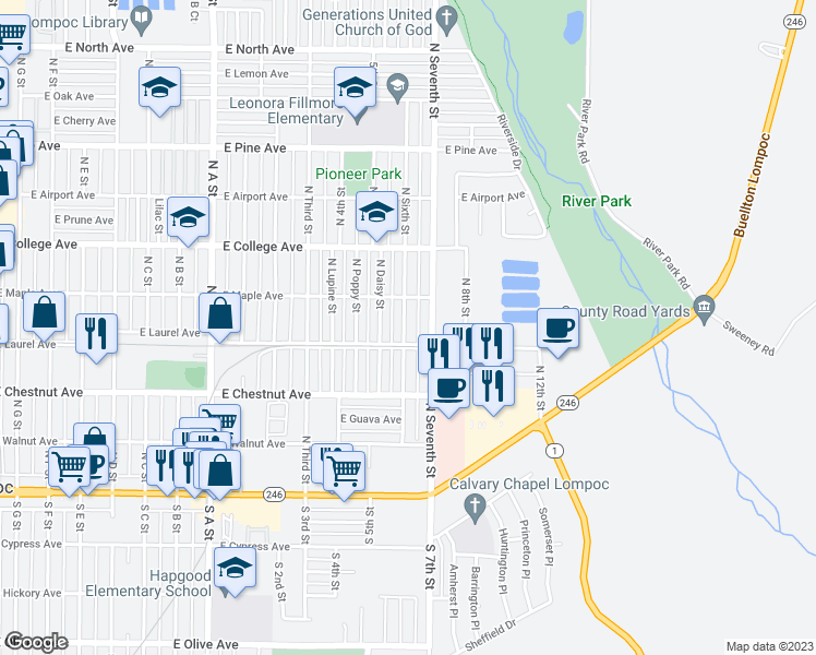 map of restaurants, bars, coffee shops, grocery stores, and more near 408 North 6th Street in Lompoc