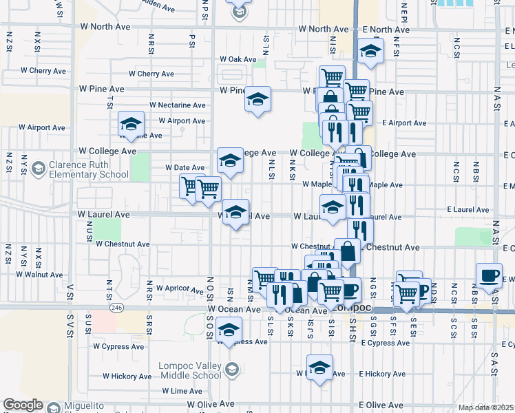 map of restaurants, bars, coffee shops, grocery stores, and more near 400 North M Street in Lompoc