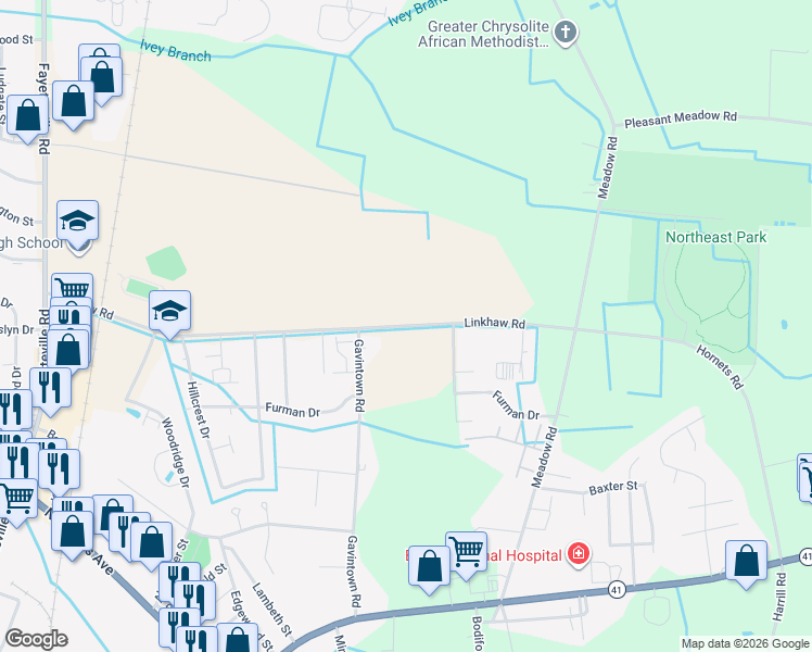 map of restaurants, bars, coffee shops, grocery stores, and more near 1270 Linkhaw Road in Lumberton