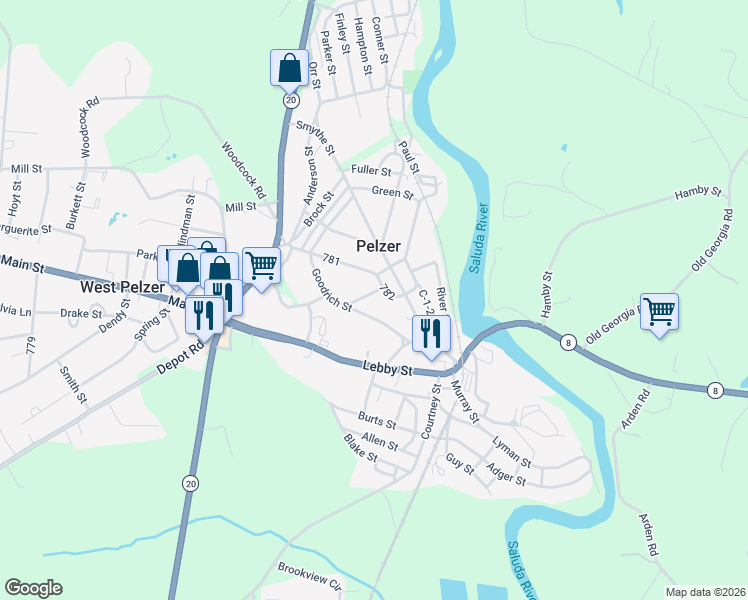 map of restaurants, bars, coffee shops, grocery stores, and more near 10 Goodrich Street in Pelzer