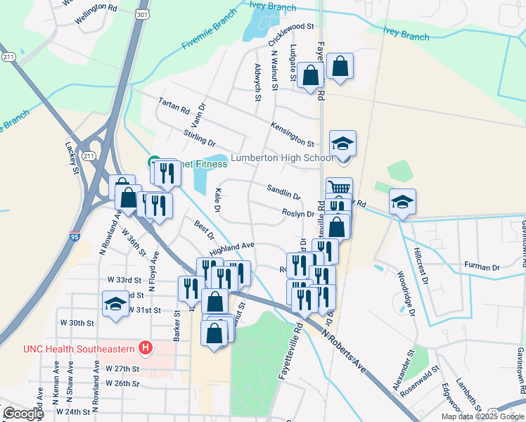 map of restaurants, bars, coffee shops, grocery stores, and more near 375 Arlington Drive in Lumberton