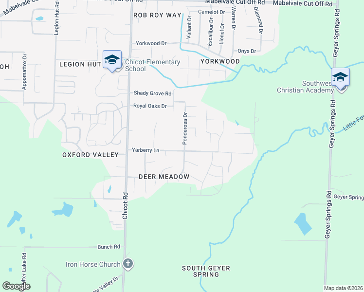 map of restaurants, bars, coffee shops, grocery stores, and more near 11618 Ponderosa Drive in Little Rock