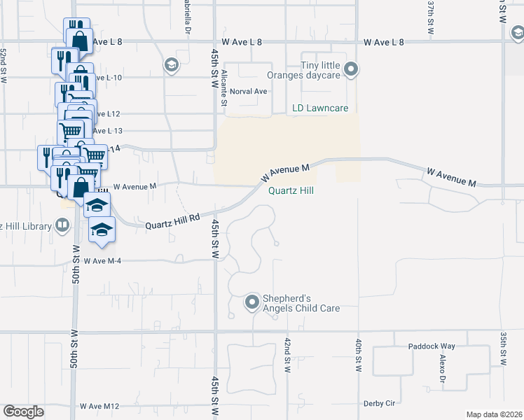 map of restaurants, bars, coffee shops, grocery stores, and more near 41916 Montallegro Street in Lancaster