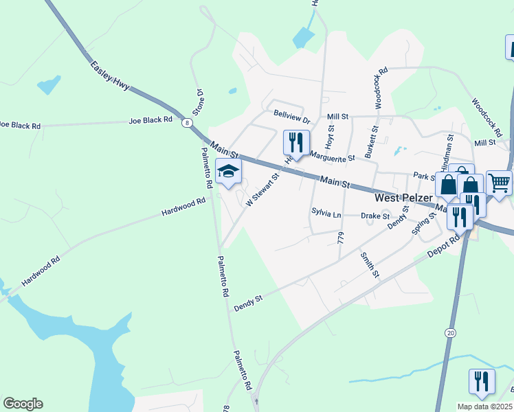 map of restaurants, bars, coffee shops, grocery stores, and more near 11 West Stewart Street in Pelzer