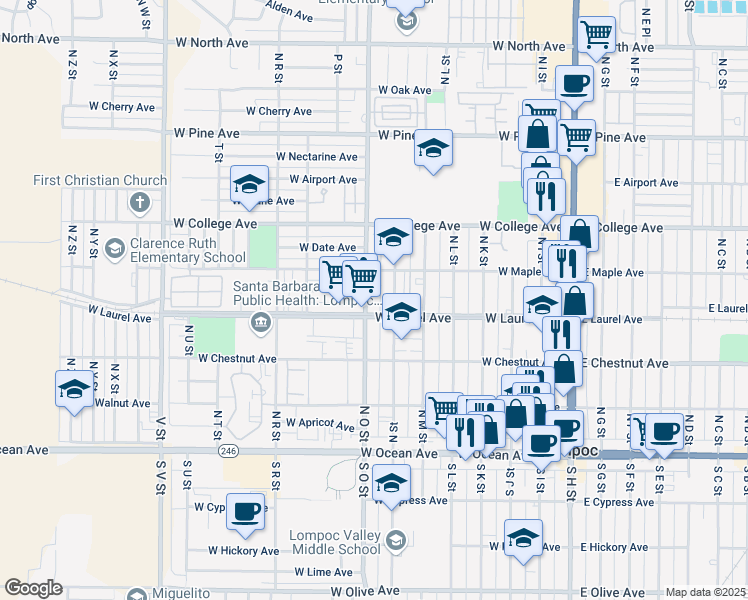 map of restaurants, bars, coffee shops, grocery stores, and more near 719 West Laurel Avenue in Lompoc