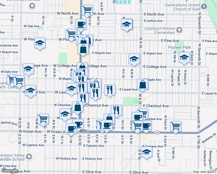 map of restaurants, bars, coffee shops, grocery stores, and more near 416 North E Street in Lompoc