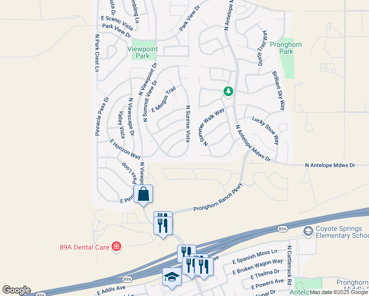 map of restaurants, bars, coffee shops, grocery stores, and more near 7498 East Sunrise Place in Prescott Valley