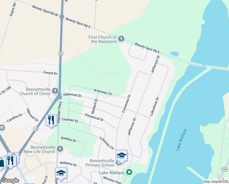 map of restaurants, bars, coffee shops, grocery stores, and more near 308 North Kinney Circle in Bennettsville