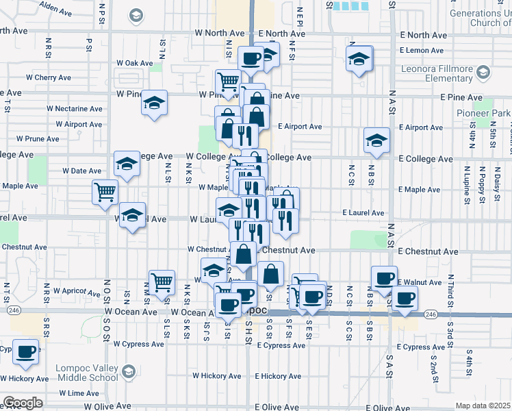 map of restaurants, bars, coffee shops, grocery stores, and more near 414 South H Street in Lompoc