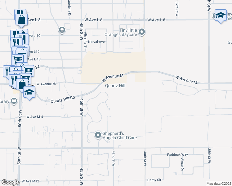 map of restaurants, bars, coffee shops, grocery stores, and more near W. Avenue M2 in Lancaster