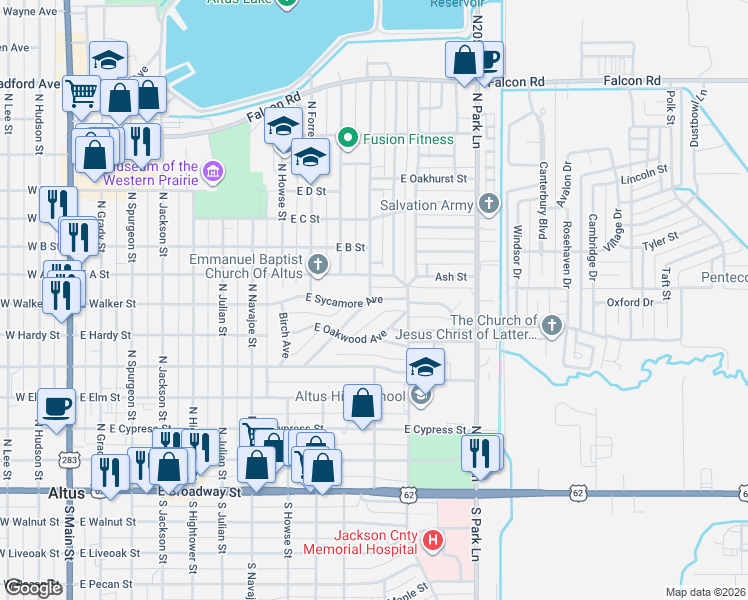 map of restaurants, bars, coffee shops, grocery stores, and more near 624 Navajoe Road in Altus