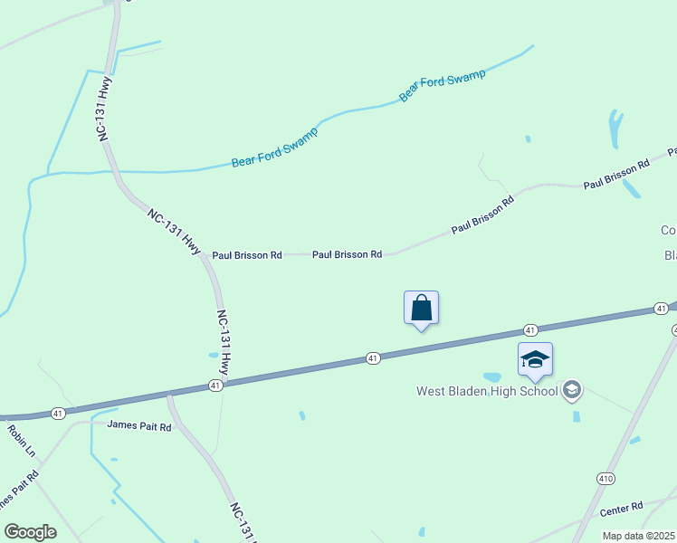 map of restaurants, bars, coffee shops, grocery stores, and more near Paul Brisson Road in Bladen County