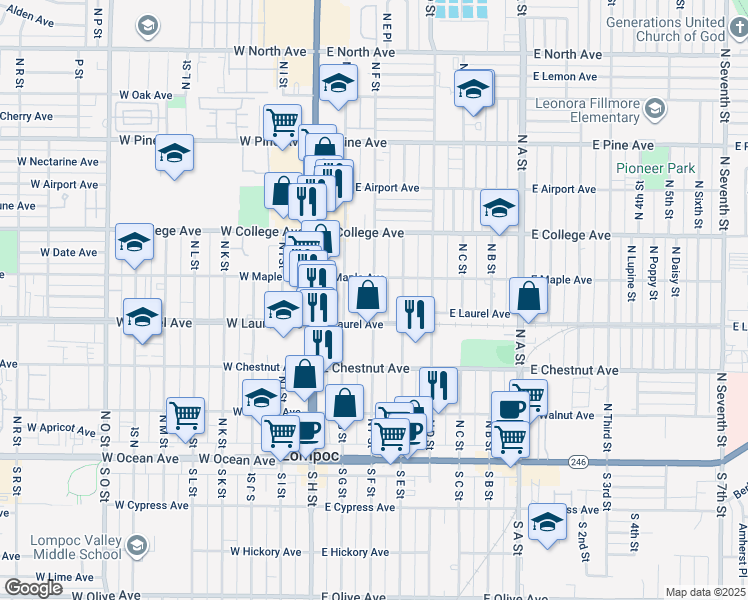 map of restaurants, bars, coffee shops, grocery stores, and more near 401 East Laurel Avenue in Lompoc