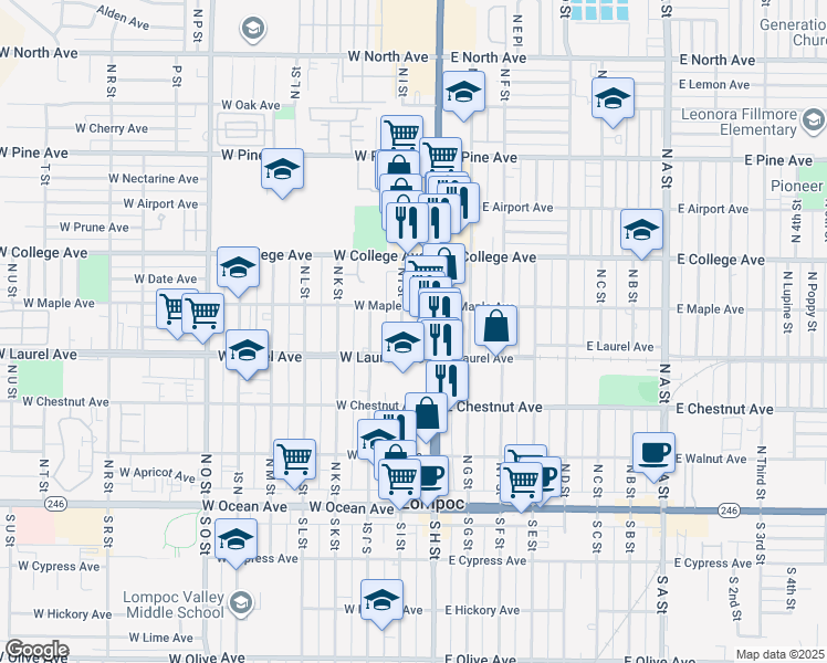 map of restaurants, bars, coffee shops, grocery stores, and more near 400 North I Street in Lompoc