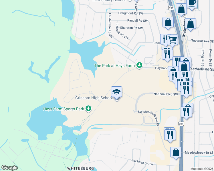 map of restaurants, bars, coffee shops, grocery stores, and more near 1001 Haysland Road Southwest in Huntsville