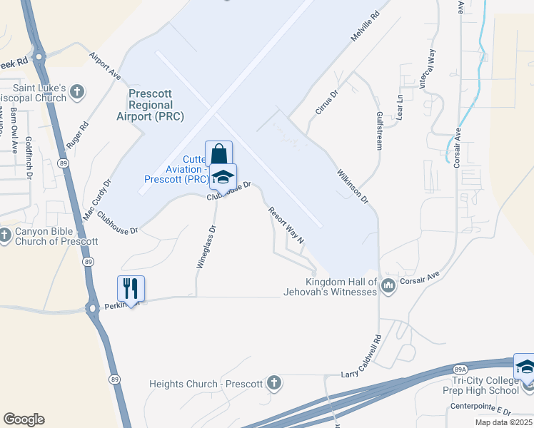 map of restaurants, bars, coffee shops, grocery stores, and more near 2168 Clubhouse Drive in Prescott
