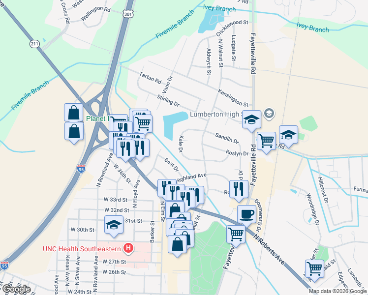 map of restaurants, bars, coffee shops, grocery stores, and more near 3680 Kale Drive in Lumberton