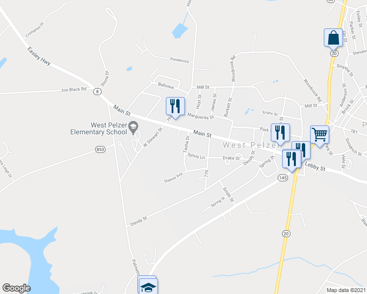 map of restaurants, bars, coffee shops, grocery stores, and more near 6 Tasha Drive in Pelzer
