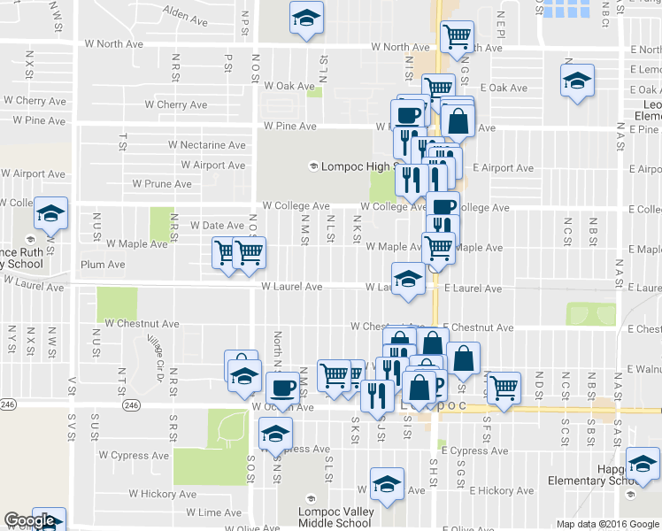 map of restaurants, bars, coffee shops, grocery stores, and more near 400 North M Street in Lompoc